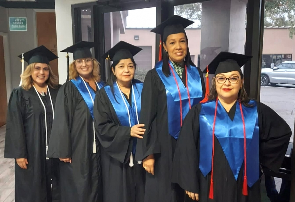 Yesterday, we had a graduation ceremony at our Spanish campus, Casa De Orcion.  The Campus Director is Dr. Paul Diaz and his wife Tonia.Our graduates were: Carmen AlvaradoAssociate of Arts in Ministry Maribel GomezBachelor of Arts in MinistryAna Esther JorgensenBachelor of Arts in Ministry Monica Giselle Reyna Master of Arts in MinistryJudith RodriguezMaster of Arts in MinistryCongratulations, ladies!