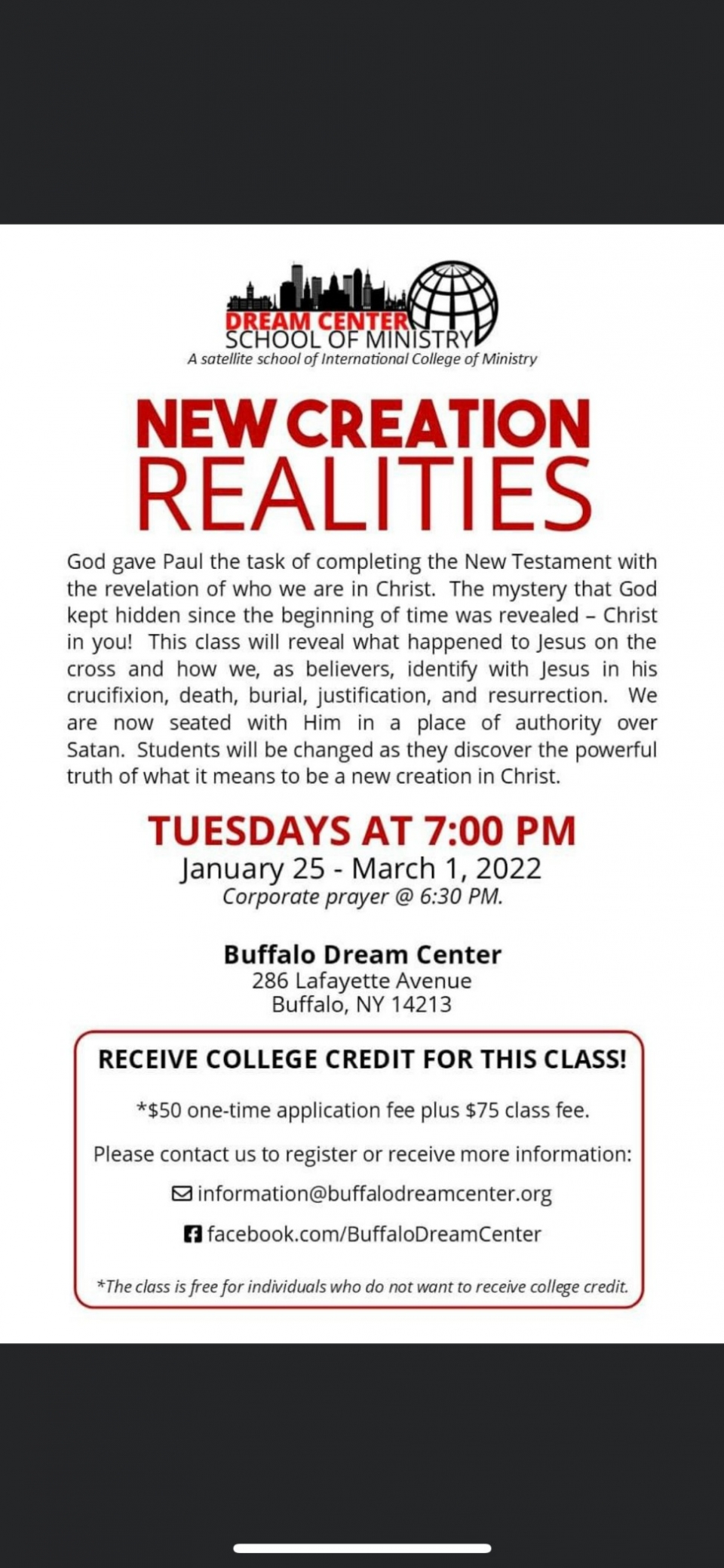 Here's another great class to attend if you're not already in the Discerning the Holy Spirit series. This one is being offered by our satellite campus in Buffalo. You can watch for free via Facebook if you're not taking it for class credit.