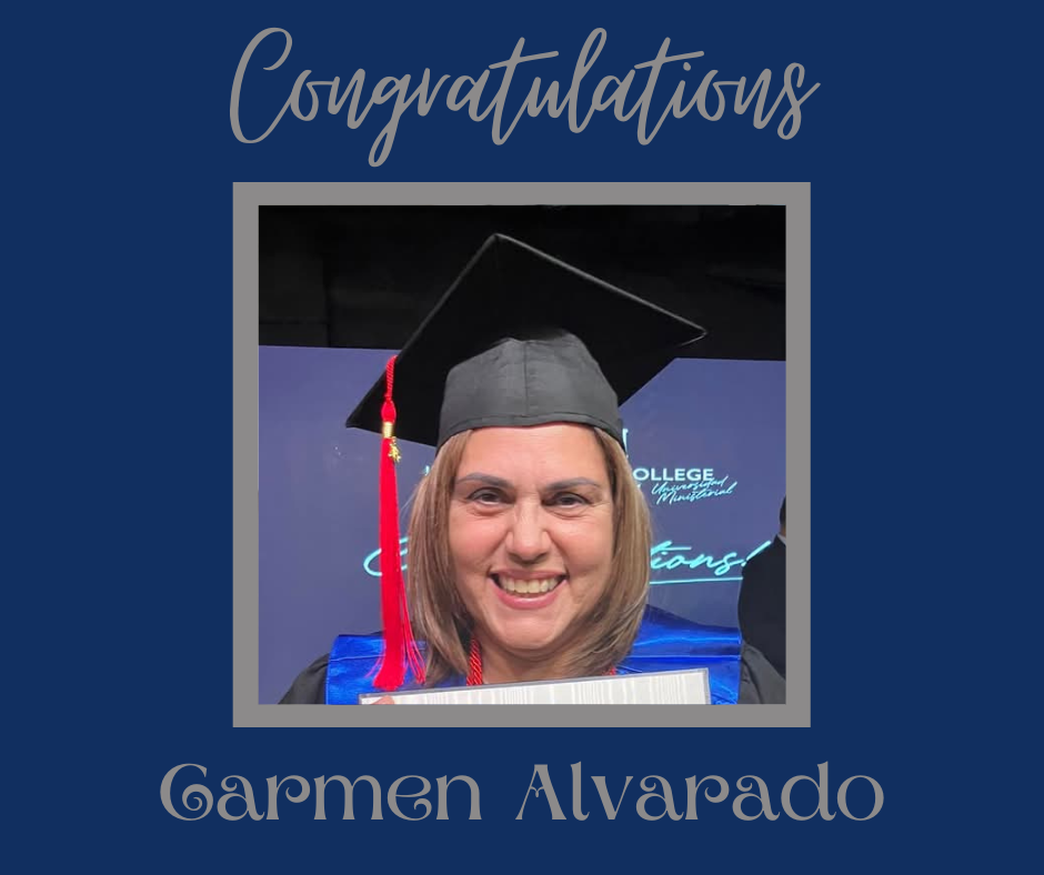 Congratulations to our Spanish graduates!Mariacamila Rincon - Associate of Arts in MinistryAna Patricia Castro Gonzales - Associate of Arts in MinistryMirna Magaly Garcia Ramirez - Master of Arts in MinistryWendy Diaz - Master of Arts in MinistryCarmen Alvarado - Master of Arts in Ministry