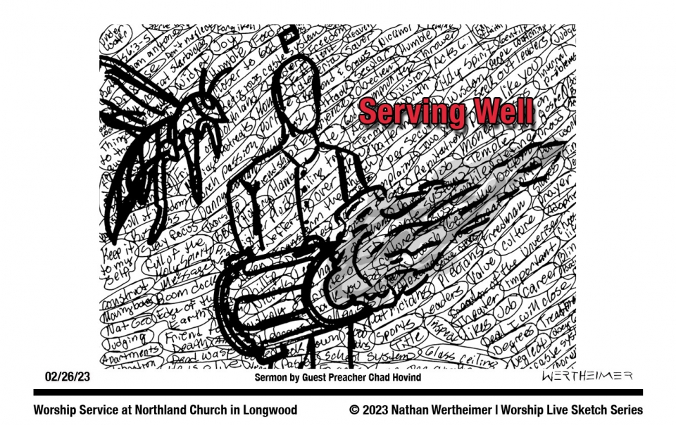 Here's this past weekend Worship Live Sketch Series entitled "Serving Well" with sermon by Guest Preacher Chad Hovind at Northland Church in Longwood, Florida. Artwork by Nathan Wertheimer. This sermon depicts Guest Preacher Hovind with a trashcan with smoke coming out of it. This is referring to the Holy Spirit. Plus, there is a wasp is depicted in this scene which about someone who got stung in a church service and someone yelled out "He is alive." #northlandchurch #nathanwertheimer#worshiplivesketchseries