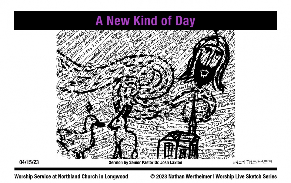 Here's this weekend Worship Live Sketch Series entitled "A New Kind of Day" with sermon by Senior Pastor Dr. Josh Laxton at Northland Church in Longwood, Florida. Artwork by Nathan Wertheimer. #northlandchurch #nathanwertheimer