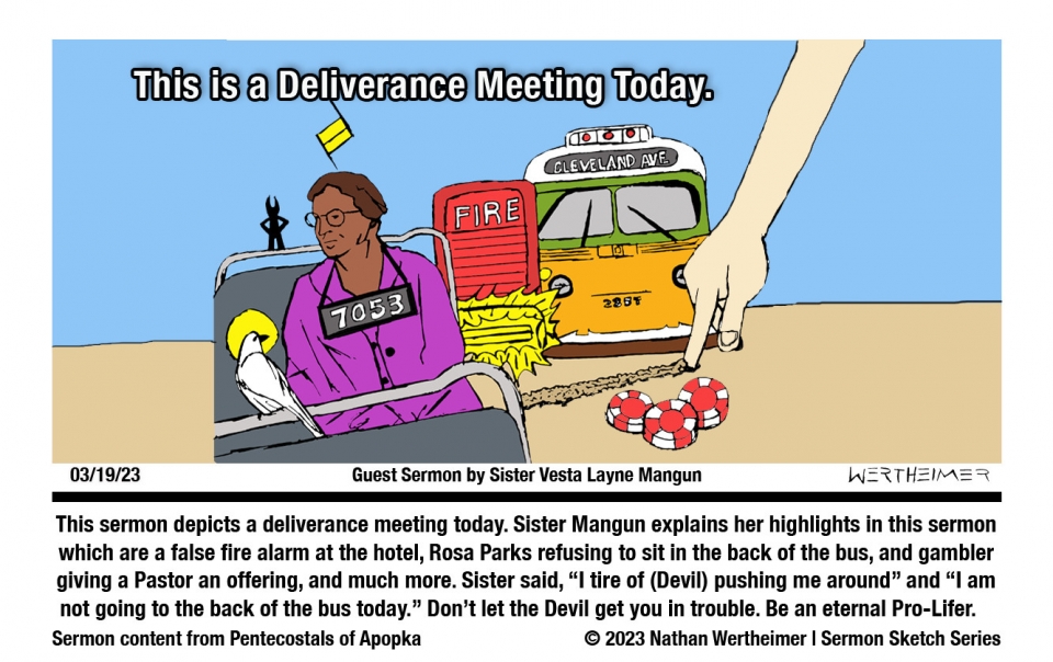 Here's this past weekend Sermon Sketch Series entitled " This is a Deliverance Meeting Today." with Guest sermon by Sister Vesta Layne Mangun, at POA Church in Apopka Florida. Artwork by Nathan Wertheimer. #poapopka #nathanwertheimer #upci