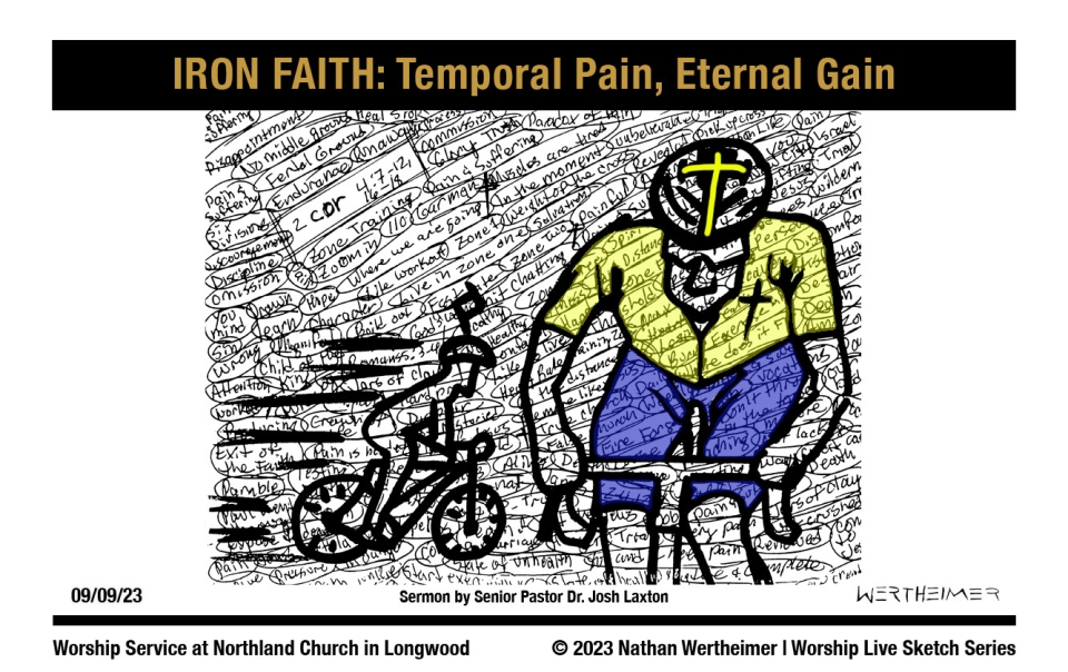 Please click here to see a past weekend's Worship Live Sketch Series entitled "IRON FAITH: Temporal Pain, Eternal Gain" sermon by Senior Pastor Dr. Josh Laxton at Northland Church in Longwood, Florida. Artwork by Nathan Wertheimer. #northlandchurch #ironfaith