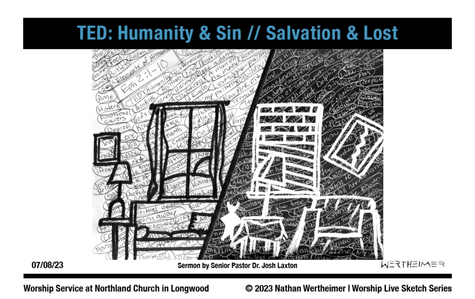 Please click here to see this past weekend's Worship Live Sketch Series entitled "TED: Humanity & Sin // Last Things (Revelation) " sermon by Senior Pastor Dr. Josh Laxton at Northland Church in Longwood, Florida. Artwork by Nathan Wertheimer. #northlandchurch