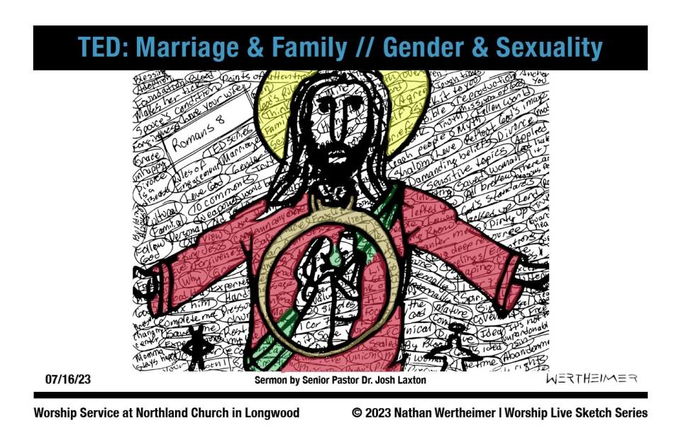 Please click here to see a past weekend's Worship Live Sketch Series entitled "TED: Marriage & Family // Gender & Sexuality" sermon by Senior Pastor Dr. Josh Laxton at Northland Church in Longwood, Florida. Artwork by Nathan Wertheimer. #northlandchurch