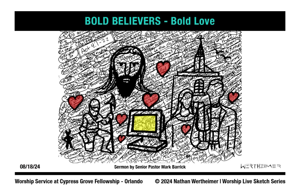 Please click here to see a past weekend's Worship Live Sketch Series entitled "BOLD BELIEVERS - Bold Love" with sermon by Senior Pastor Mark Barrick from Cypress Grove Fellowship Church in South Orlando. Artwork by Nathan Wertheimer. #nathanwertheimer #mycgf #cypressgroveorlando #upci #flupci #flupciyouth