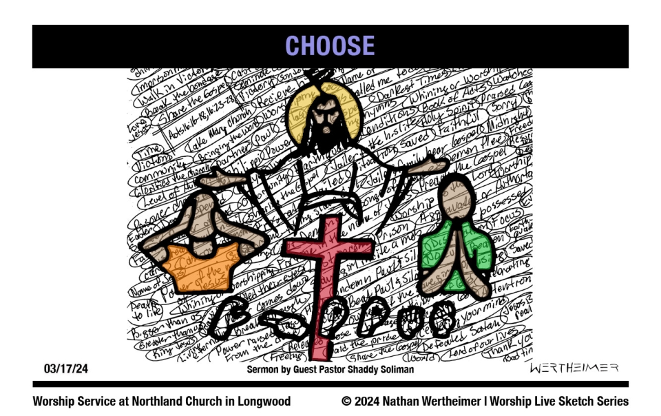 Please click here to see a past weekend's Worship Live Sketch Series entitled "CHOOSE" sermon by Guest Pastor Shaddy Soliman at Northland Church in Longwood, Florida. Artwork by Nathan Wertheimer. #northlandchurch