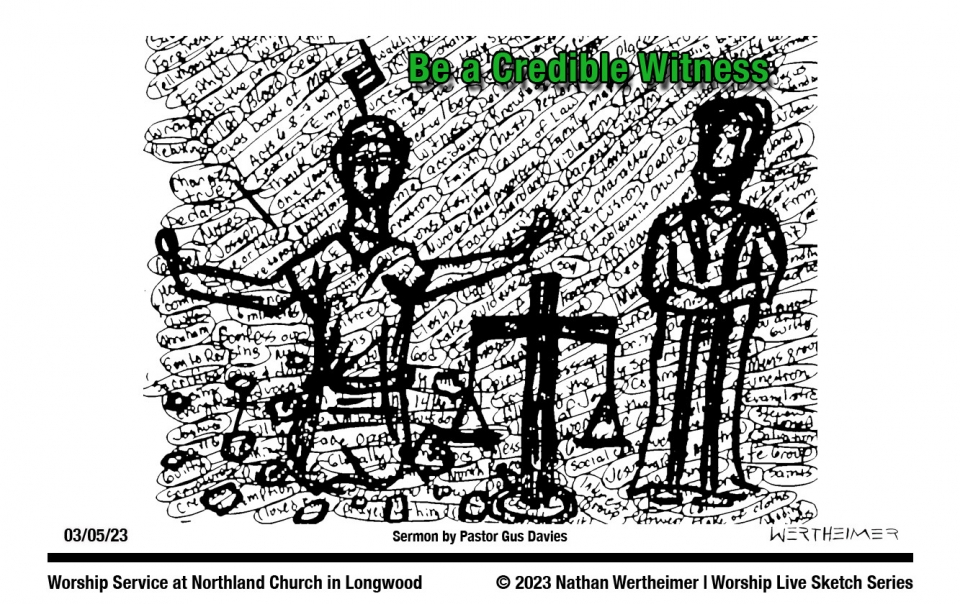 Here's this past weekend Worship Live Sketch Series entitled "Be a Credible Witness" with sermon by Pastor Gus Davies at Northland Church in Longwood, Florida. Artwork by Nathan Wertheimer. #northlandchurch #nathanwertheimer