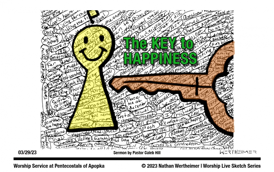 Here's this week mid-week Worship Live Sketch Series entitled "The KEY to HAPPINESS" with sermon by Pastor Caleb Hill at Pentecostals of Apopka Church, Florida. Artwork by Nathan Wertheimer. #poapopka #nathanwertheimer