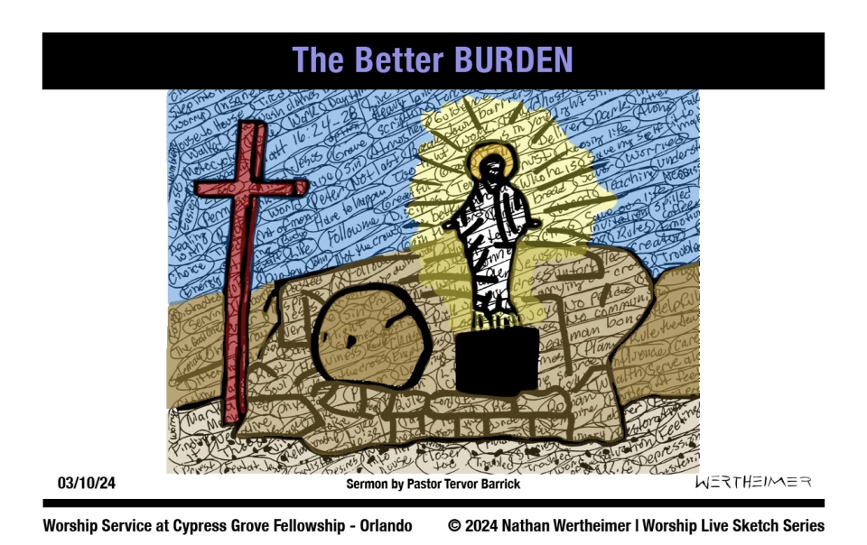 Please click here to see a past weekend's Worship Live Sketch Series entitled "The Better BURDEN" with sermon by Pastor Tervor Barrick from Cypress Grove Fellowship Church in South Orlando. Artwork by Nathan Wertheimer. #nathanwertheimer #mycgf #cypressgroveorlando #upci #flupci #flupciyouth