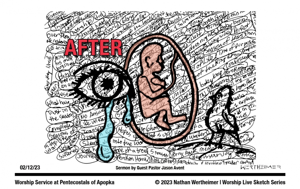 Here's is another weekend Worship Live Sketch Series entitled "After" with sermon by Guest Pastor Jason Avent at Pentecostals of Apopka Church. Artwork by Nathan Wertheimer. This is a depiction of a baby which had a miscarriage and it was traumatic experience on the family. However, the Lord will turn things around for the family. All hope was not lost. The good news is that the family adopted a boy and then the mother gave birth to another healthy child. What a miracle it is. Always have faith in Christ. #nathanwertheimer #poaapopka #pentecostalsofapopka