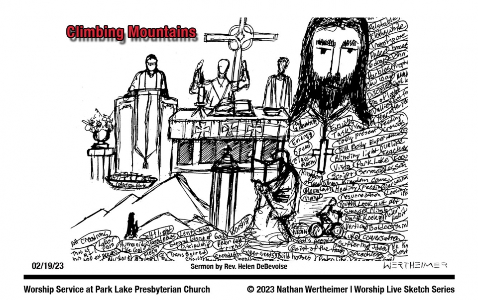 Here's this past weekend Worship Live Sketch Series entitled "Climbing Mountains" with sermon by Rev. Helen DeBevoise at Park Lake Presbyterian Church in Orlando, Florida. Artwork by Nathan Wertheimer. #parklakechurch #nathanwertheimer