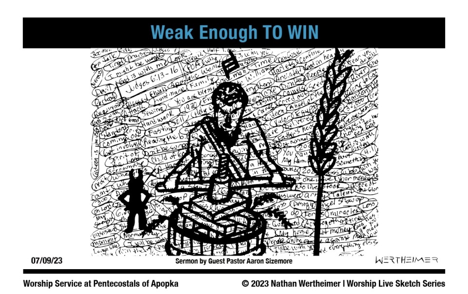 Please click on this image to view a past weekend's Worship Live Sketch Series entitled "Weak Enough TO WIN" with sermon by Guest Pastor Aaron Sizemore at Pentecostals of Apopka Church. Artwork by Nathan Wertheimer. #nathanwertheimer #poaapopka #pentecostalsofapopka #upci #flupci #flupciyouth