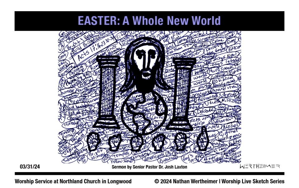 Please click here to see a past weekend's Worship Live Sketch Series entitled "EASTER: A Whole New World" sermon by Senior Pastor Dr. Josh Laxton at Northland Church in Longwood, Florida. Artwork by Nathan Wertheimer. #northlandchurch