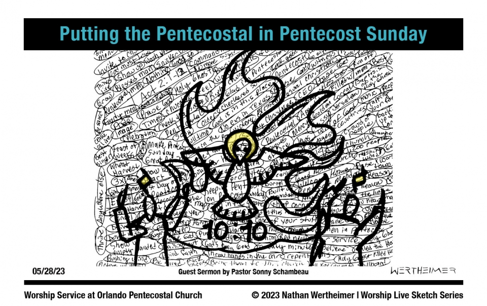 Please click on this image to view a past Worship Live Sketch Series entitled "Putting the Pentecostal in Pentecost Sunday" with guest sermon by Sonny Schambeau at Orlando Pentecostal Church. Artwork by Nathan Wertheimer. #nathanwertheimer #orlandopentecostal #upci #flupci #flupciyouth
