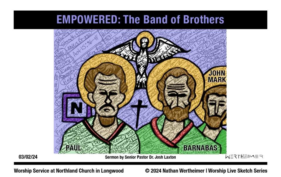 Please click here to see a past weekend's Worship Live Sketch Series entitled "EMPOWERED: The Band of Brothers" sermon by Senior Pastor Dr. Josh Laxton at Northland Church in Longwood, Florida. Artwork by Nathan Wertheimer. #northlandchurch