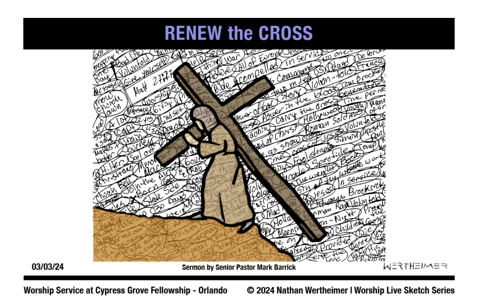 Please click here to see a past weekend's Worship Live Sketch Series entitled "RENEW the CROSS" with sermon by Senior Pastor Mark Barrick from Cypress Grove Fellowship Church in South Orlando. Artwork by Nathan Wertheimer. #nathanwertheimer #mycgf #cypressgroveorlando #upci #flupci #flupciyouth
