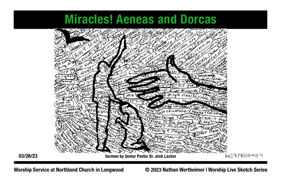 Here's a weekend Worship Live Sketch Series entitled " Miracles! Aeneas and Dorcas" with sermon by Senior Pastor Dr. Josh Laxton at Northland Church in Longwood, Florida. Artwork by Nathan Wertheimer. #northlandchurch #nathanwertheimer