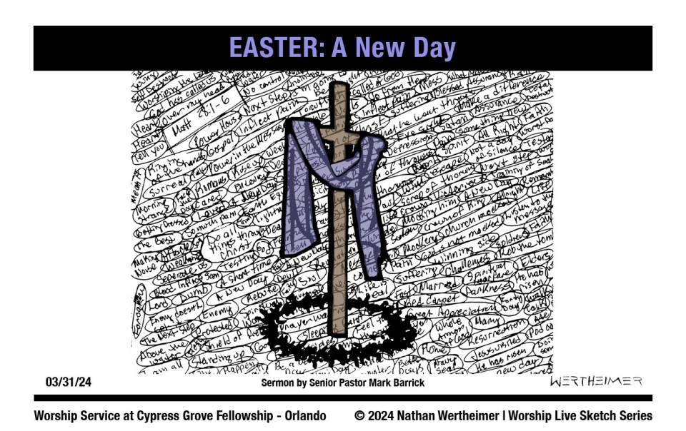 Please click here to see a past weekend's Worship Live Sketch Series entitled "EASTER: A New Day" with sermon by Senior Pastor Mark Barrick from Cypress Grove Fellowship Church in South Orlando. Artwork by Nathan Wertheimer. #nathanwertheimer #mycgf #cypressgroveorlando #upci #flupci #flupciyouth