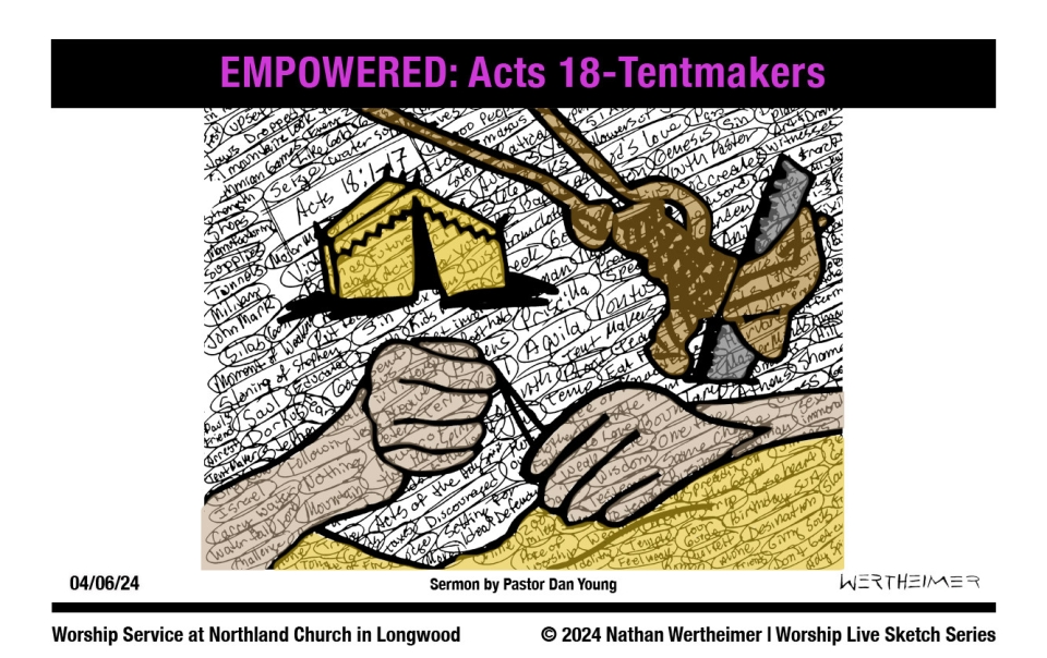 Please click here to see a past weekend's Worship Live Sketch Series entitled "EMPOWERED: Acts 18-Tentmakers" sermon by Pastor Dan Young at Northland Church in Longwood, Florida. Artwork by Nathan Wertheimer. #northlandchurch